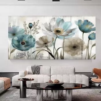 Синие цветы на холсте настенное искусство - абстрактная живопись для декора гостиной - безрамные принты и постеры 20x40cm