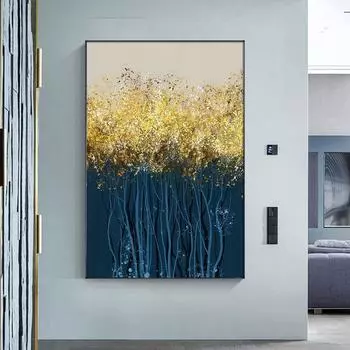 Синие деревья с золотыми листьями, постер, печать, холст, картина, современная абстрактная, роскошная картина для гостиной, домашний декор, Cuadros 21x30cm No Framed