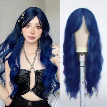 Синие длинные волнистые синтетические парики с челкой для женщин, косплей, мягкие синие искусственные волосы, термостойкое волокно