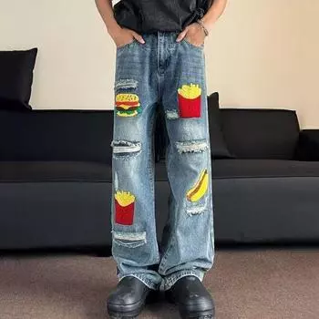 Синие джинсовые брюки с мультяшной нашивкой, женские осенние повседневные джинсы с высокой талией, женские свободные прямые брюки с дырками S синий