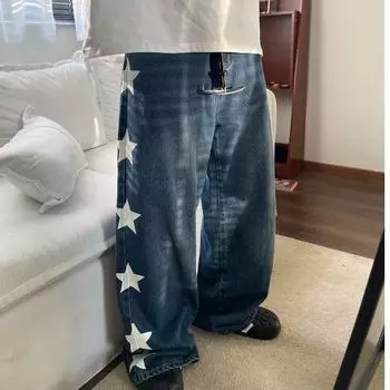 Синие джинсовые брюки с принтом звезд сбоку, свободные прямые джинсовые брюки для женщин и мужчин, джинсовые брюки Y2k, модные повседневные брюки 2XL синий