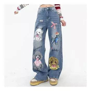 Синие джинсовые брюки с рисунком милой собаки и графическим принтом, свободные прямые джинсовые брюки y2k, уличная модная повседневная одежда S синий