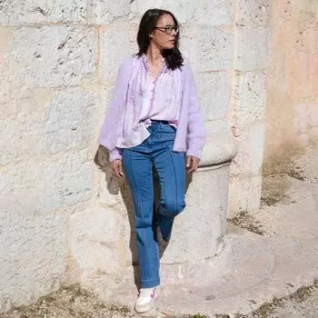 Синие джинсы с отстрочкой-клеш цвета гамота Женский LA PETITE ETOILE 34 синий