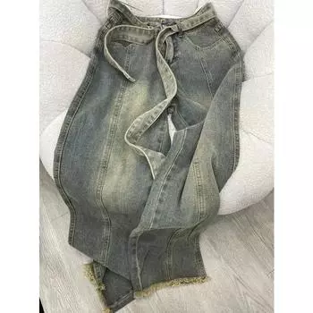 Синие джинсы с потертым необработанным краем и поясом, большие размеры 3XL, женские, с высокой талией, в стиле фея 2000-х, эстетика гранжа, корейская ткань, мешковатые прямые S синий