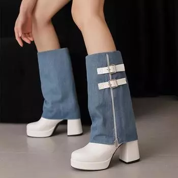 Синие джинсы женские брюки до середины голени сапоги на платформе толстые высокие каблуки длинные женские туфли с круглым носком ботфорты zapatillas de mujer 6