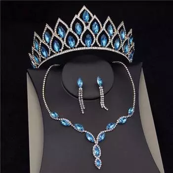 Синие хрустальные свадебные комплекты ювелирных изделий для женщин, модные диадемы, свадебное платье, корона, ожерелья, серьги, комплект ювелирных изделий для невесты, аксессуары светло-синий