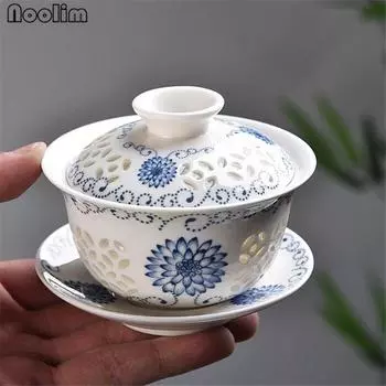 Синие и белые фарфоровые полые чайные чашки, керамическая чашка для офиса Kung Fu Gaiwan с крышкой, 160 мл