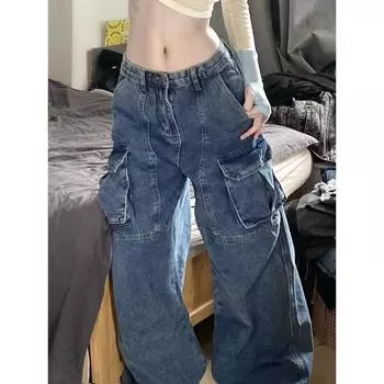 Синие классические женские джинсы, джинсовые брюки с большими карманами по бокам, мешковатые брюки бойфренда, мода 2023, уличная одежда в стиле Харадзюку, y2k, с высокой талией S синий