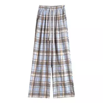 Синие клетчатые брюки детские осенне-зимние бархатные брюки с высокой талией ленивые прямые свободные повседневные брюки шерстяные брюки в стиле ретро широкие S is suitable for 80-47.5kg
