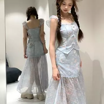 Синие комплекты платьев из 2 предметов. Лето 2024. Элегантные облегающие облегающие топы Y2k в стиле французского ретро + милые юбки в сказочном стиле. Эстетическая пляжная вечеринка. XS синий