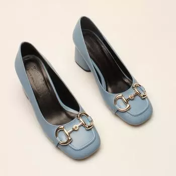 Синие кожаные женские классические туфли на каблуке с пряжкой на каблуке