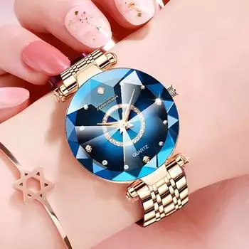 Синие модные женские часы Star Bright Diamond Glass Mirror Solid Steel StrapLadies Waterproof Watch Rose Gold Luxury Clock синий
