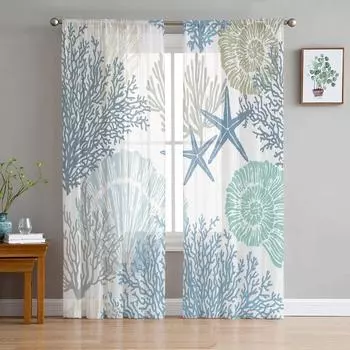 Синие морские коралловые ракушки, морские звезды, прозрачные шторы для гостиной, украшения оконных штор, кухонных тюлевых вуалей, штор из органзы W135 x H115cm x1&Rod Pocket
