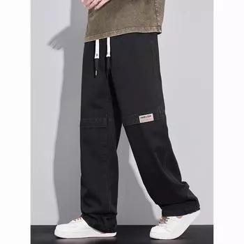 Синие мужские джинсы большого размера с широкими штанинами и завязками, повседневные прямые джинсы из хлопка XS серый