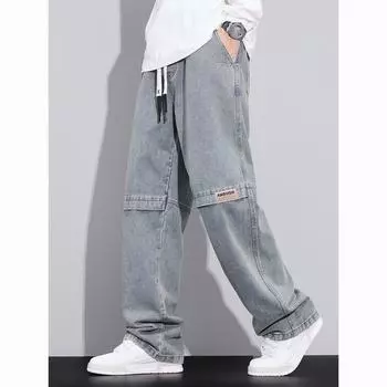 Синие мужские джинсы большого размера с широкими штанинами и завязками, повседневные прямые джинсы из хлопка XXXL чёрный