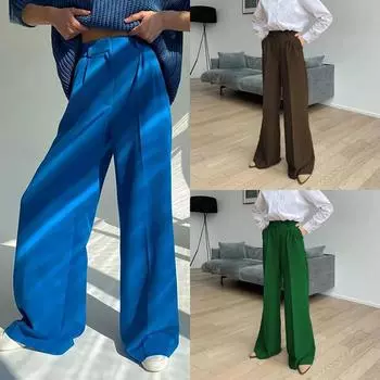 Синие офисные женские брюки 2024 года, модные свободные длинные женские брюки, повседневные широкие брюки с высокой талией для женщин S фиолетовый