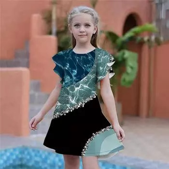 Синие платья с принтом молний для девочек. Детское праздничное платье для девочек. Свободный крой. Свободная юбка с короткими рукавами для девочек старше четырех лет. 80 розовый