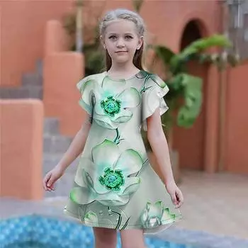 Синие платья с принтом персикового цвета для девочек. Детское праздничное платье для девочек. Свободная облегающая юбка с короткими рукавами для девочек старше четырех лет. 80 синий