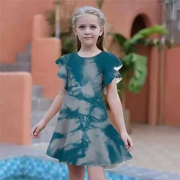 Синие платья с принтом торнадо для девочек. Детское праздничное платье для девочек. Свободный крой. Свободная юбка с короткими рукавами для девочек старше четырех лет. 80 синий