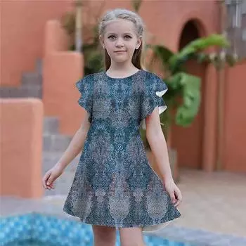 Синие платья с принтом зыбучих песков для девочек. Детское праздничное платье для девочек. Свободный крой. Свободная юбка с короткими рукавами для девочек старше четырех лет. 80 синий