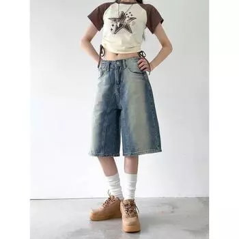 Синие потертые джинсы в стиле ретро. Женские летние свободные и тонкие брюки с высокой талией. Брюки с пятью точками. Короткие брюки. 4XL синий