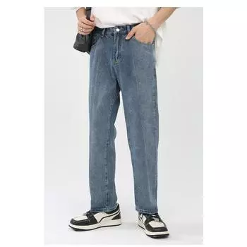 Синие ретро-джинсы в гонконгском стиле, мужские свободные прямые повседневные универсальные брюки Nine-minute, прямые свободные джинсы для мужчин, модные и удобные S синий