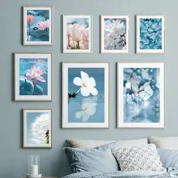 Синие тона Цветок лотоса Тюльпан Одуванчик Скандинавский постер Настенная печать Холст Картина Эстетика Картины для декора гостиной 21x30cm No Framed