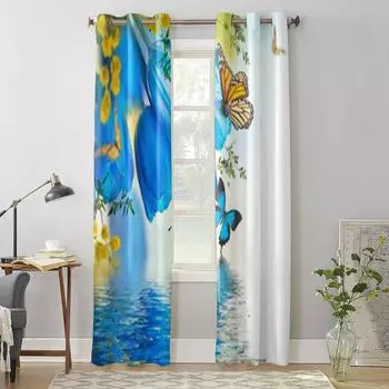 Синие тюльпаны и занавески с бабочками для гостиной, роскошный декор для спальни, занавески для кухни, занавески для окон 135W x 60H(cm) x1