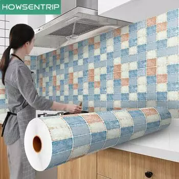 Синие утолщенные кухонные обои из ПВХ, самополирующиеся кухонные масляные и водонепроницаемые наклейки, высокотемпературные обои 0.6x1m