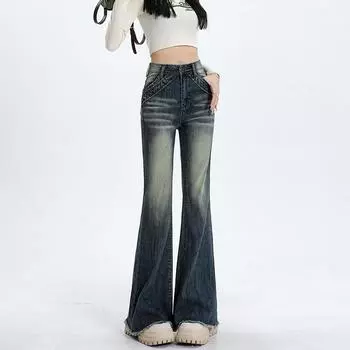 Синие узкие брюки с высокой талией, джинсы, женские осенние уличные утягивающие джинсовые брюки, расширенная версия в стиле ретро, подковообразные брюки XL синий