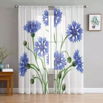 Синие васильки, изолированные на белом тюле, прозрачные шторы для гостиной, спальни, кухни, украшения, вуаль, шторы из органзы 135W x 114H(cm)
