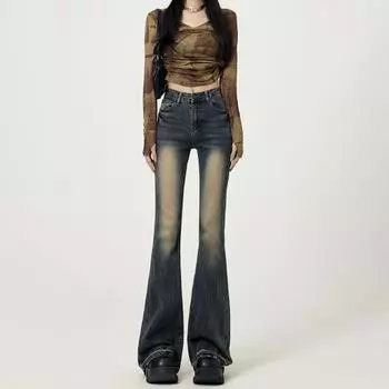 Синие винтажные джинсовые брюки-клеш, женские осенние эластичные облегающие джинсы с высокой талией, уличные джинсы-трубы Y2K