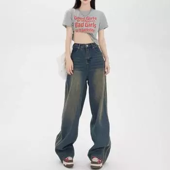 Синие винтажные джинсы Y2K, женские уличные джинсы с высокой талией, модный дизайн с полосками по бокам, широкие полосатые джинсовые брюки, женские S синий