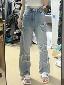 Синие винтажные свободные джинсы с вышивкой, женские элегантные прямые широкие брюки с высокой талией, модные универсальные потертые джинсовые брюки S синий