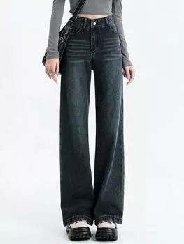 Синие винтажные свободные джинсы в американском стиле, женские новые однотонные элегантные широкие брюки с высокой талией, женские повседневные карманные модные дизайнерские уличные брюки S синий