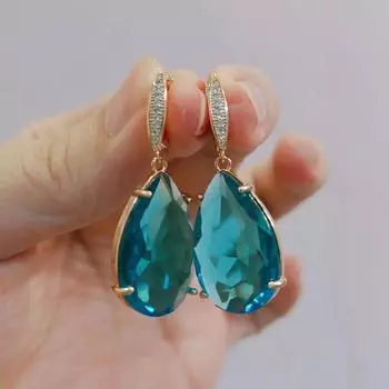 Синие висячие серьги в форме капли с кристаллами и цирконием для женщин, новинка 2023 года, серьги золотого цвета, модные роскошные вечерние ювелирные аксессуары синий