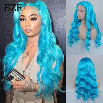 Синие волнистые парики спереди для женщин, косплей, цветной парик с объемной волной, парик плотности 150, бесклеевой синтетический парик 13x3, прозрачное кружево 26inches-150 Density синий