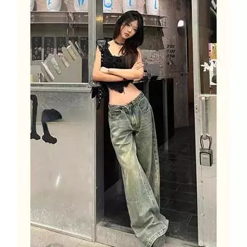 Синие женские джинсы хип-хоп мода винтаж уличная одежда Y2K широкие прямые джинсы брюки с высокой талией классические мешковатые джинсовые брюки S синий