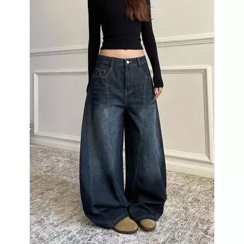 Синие женские ретро-брюки Y2K 2000-х годов с широкими штанинами, свободные повседневные джинсы с высокой талией, брюки Harajuku полной длины S&CHINA синий