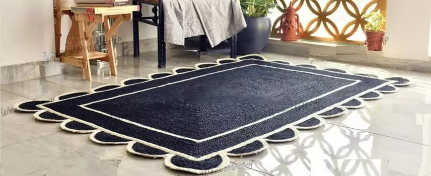 Синие зубчатые белые джутовые коврики с зубцами, прямоугольный джутовый коврик ручной работы с зубчатым бохо-декором 90cm x 150cm естественный