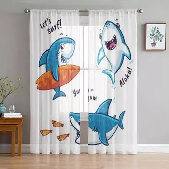 Синий Акула Персонаж Мультфильма Изолирован На Белом Фоне Шифоновые Прозрачные Шторы Гостиная Спальня Окно Вуаль Тюль Шторы 135W x 114H(cm)