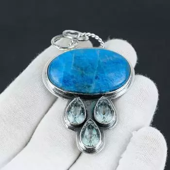Синий апатит, серебряная подвеска с драгоценным камнем из швейцарского голубого топаза, ювелирная подвеска из стерлингового серебра 925 пробы, подвеска из натурального синего апатита для женщин / подарков 2.55 синий