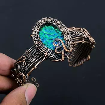 Синий австралийский тройной опал, драгоценный камень, чистая медная проволока, обернутая вручную, манжета/браслет, ювелирные изделия Adjustable синий