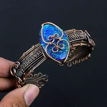 Синий австралийский тройной опал, драгоценный камень, чистая медная проволока, обернутая вручную, манжета/браслет, ювелирные изделия Adjustable синий