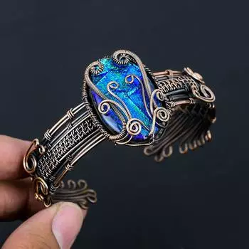 Синий австралийский тройной опал, драгоценный камень, чистая медная проволока, обернутая вручную, манжета/браслет, ювелирные изделия Adjustable синий