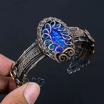 Синий австралийский тройной опал, драгоценный камень, чистая медная проволока, обернутая вручную, манжета/браслет, ювелирные изделия Adjustable синий