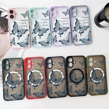 Синий бабочка печати Магнитный прозрачный матовый акриловый чехол для iPhone 16 Pro Max 15 14 Plus 13 Pro 12 11 Тонкий ударопрочный мягкий край для MagSafe телефон чехол iPhone 16 чёрный
