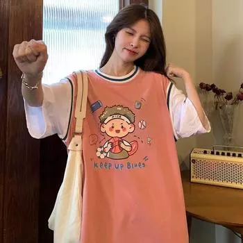 Синий бальный костюм, искусственная футболка из двух предметов, женская летняя новая хлопковая футболка с короткими рукавами, корейские свободные топы в стиле Харадзюку в стиле Bf M