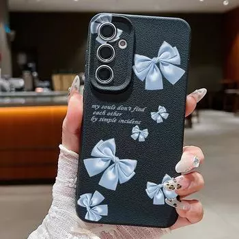Синий бантовый узор кожаная текстура однотонный чехол для Samsung S25 Ultra S24 Fe S23 S22 A56 A16 A15 A55 мягкий силиконовый противоударный матовый чехол Samsung S25 чёрный
