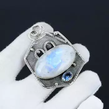 Синий блестящий лунный камень, подвеска с голубым топазом, подвеска с натуральным лунным камнем, ручная работа, серебро 925 пробы для женщин, подвеска для подарков 5.5 Cm. синий/белый
